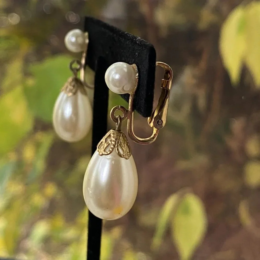 Vintage Coro Script Faux Pearl Drop Clip Back Earrings